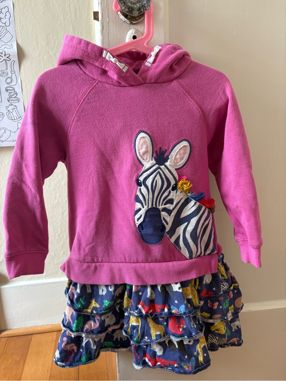 Mini Boden Bright Pink Zebra Appliqué Hoodie Dress